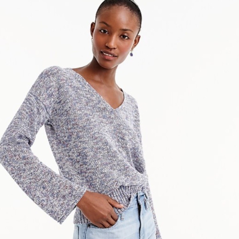 J Crew Flared Sleeve Marled V Neck Sweater Blue
